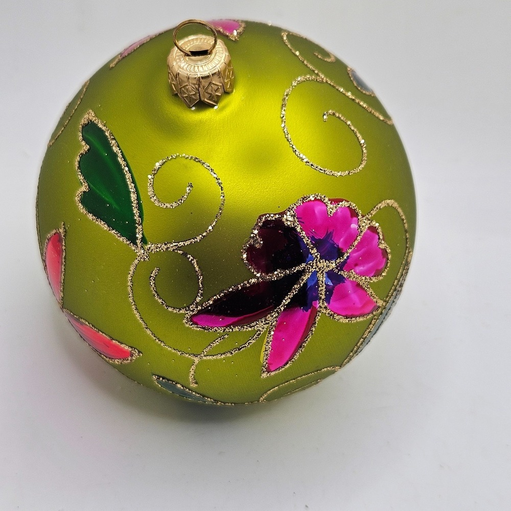 Vintage Glass Christmas Ornament Green Floral Glitter Hand Painted Ball‎
